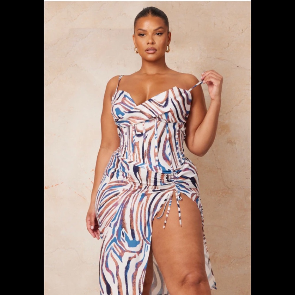 Plus Blue Zebra Print Cowl Ruched Side Midi Dress